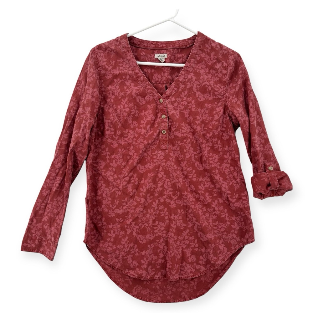 LL Bean Floral Top Womens Small Red Roll Tab V Neck Tencel Casual Outdoors